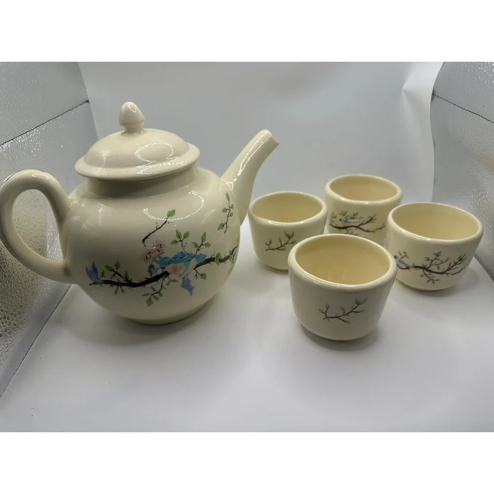 Beige Glazed Ceramic Floral Tea Set Teapot w/ Lid & 4 Cups, 8 oz